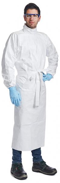A person is standing upright wearing white protective clothing, blue gloves, and safety goggles. They are wearing black shoes and have their hands on their hips.