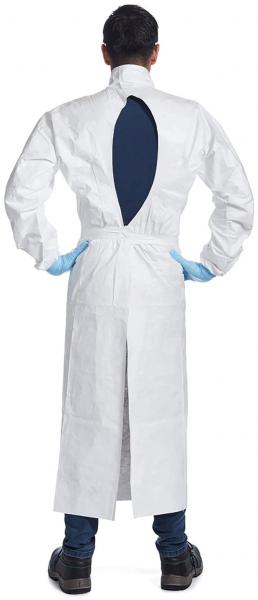 A person is standing from behind, wearing a white coat with an open back area. The sleeves are long, the hands are clad in blue gloves. The shoes are dark.