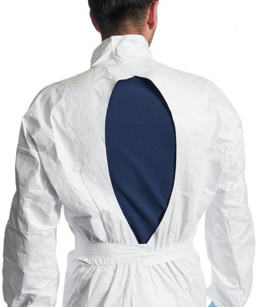 The image shows a man from behind in a white protective suit. The suit has a deep, oval cutout on the back, revealing a blue fabric underneath.