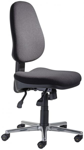 The image shows a black office chair with a padded seat and a high, slightly contoured backrest. It has five casters and a chrome-colored base that is mobile.
