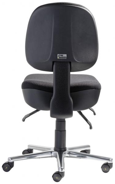 The image shows a black office chair with a padded seat. It has a high backrest, adjustable height, and casters on the bottom for easy movement.