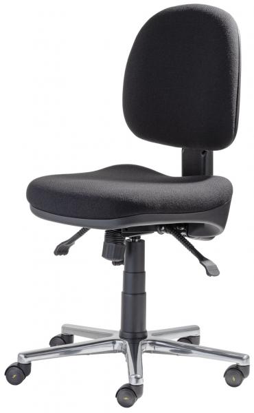 The office chair has a black, padded seat and a high backrest. It stands on a sturdy swivel base with five casters, which allows for easy movement.