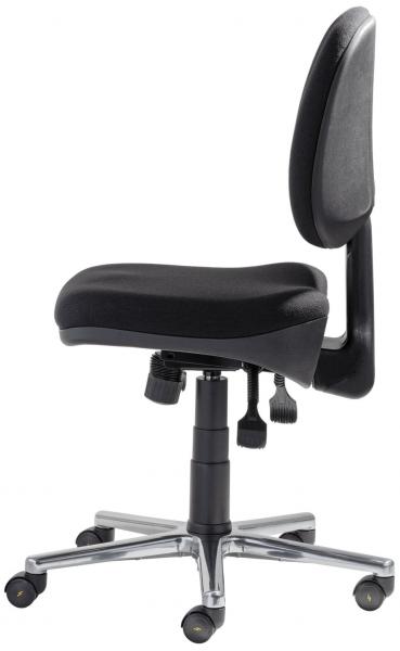 The chair is swivel with a padded black seat and a backrest. It has an adjustable height and five casters for mobility on smooth floors.