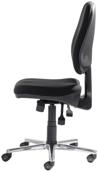 The image shows a black office chair with a padded seat and a high backrest. It has a chrome-colored base with casters and adjustable levers.