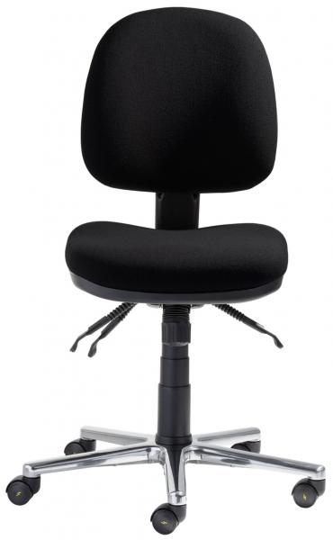 The image shows a black office chair with a padded seat and a round backrest. It has an adjustable height and five casters for mobility.