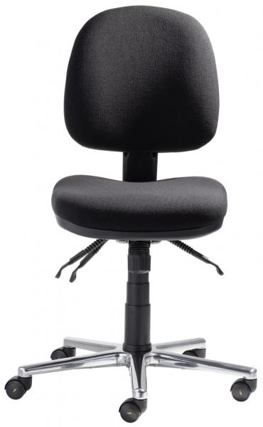 The office chair has a black upholstery with a round backrest and a wide seat. It stands on a chrome-plated five-star base with casters, which allows for height adjustment.