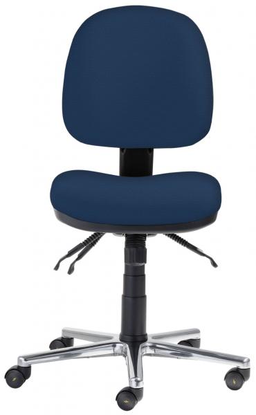 The image shows an office chair with a blue cover. The chair has a round backrest and a padded seat. It stands on a five-spoke base with movable casters.