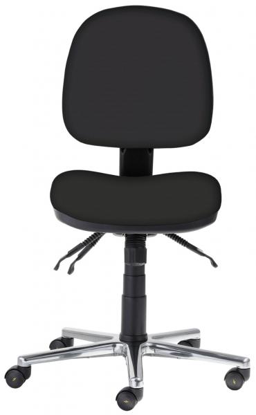 The image shows a simple black office chair with a round seat and a high backrest. It has five casters and a chrome base that provides stability.