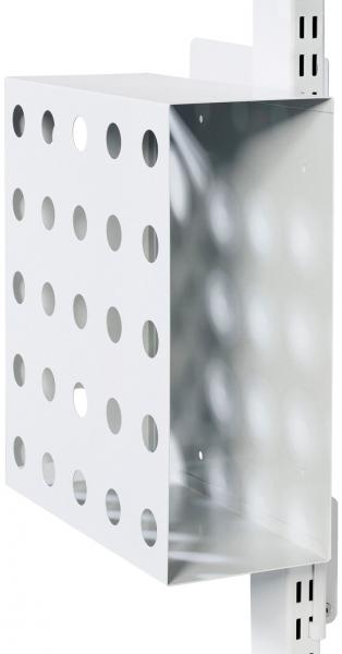 The image displays a rectangular, white metal shelf with numerous round holes. It is open and mounted on a vertical surface, likely for storing items.