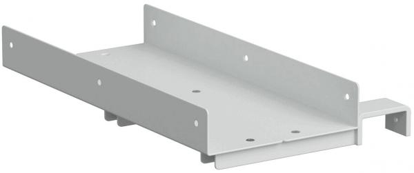 The image shows a gray metal bracket with a flat platform, side walls, and several drill holes for mounting. A small side elevation is present.