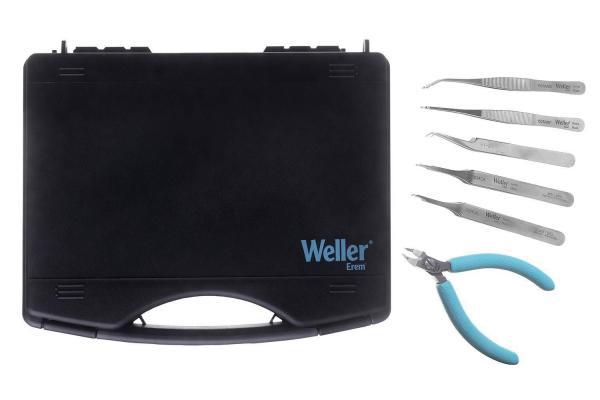 In the picture, there is a black tool case with a blue "Weller" logo visible. Next to the case, there are five different tweezers and a small pair of pliers with a blue handle.