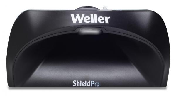 Das Bild zeigt eine schwarze Halterung mit einem gewölbten Design und einer offenen Vorderseite. Oben steht der Schriftzug "Weller" und darunter "ShieldPro".
