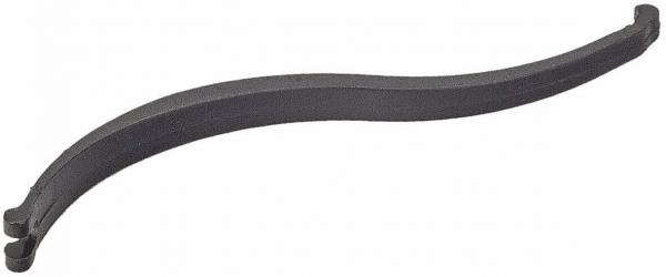 The image shows a curved, black metal clip or holder. It has small notches at both ends and is overall slim and light. Its shape resembles a boomerang.