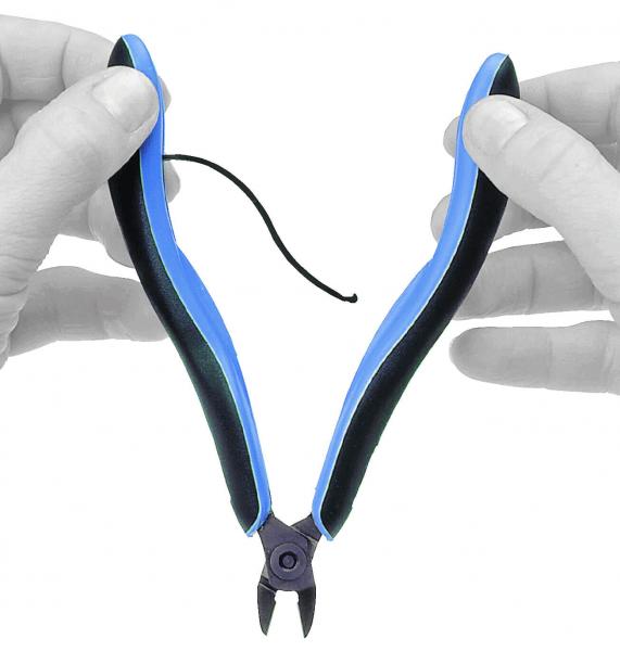 The image shows a pair of pliers being held by both hands. The handles are ergonomically designed and feature a black and blue color combination. The pliers have a sharp edge on the bottom.