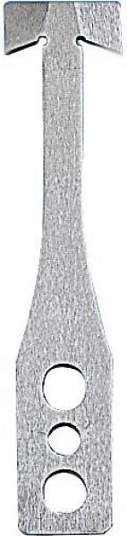 The image shows a metallic tool with a long, flat shape. At the top, it has a narrow notch, and below there are three round recesses. The surface is textured.