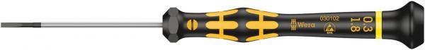 The image shows a slim screwdriver. The handle is black with yellow accents and has a non-slip surface. The blade is straight and made of metal, suitable for screws.