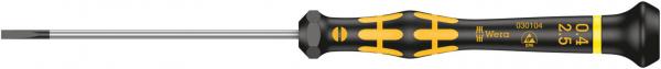 The image shows a screwdriver with a black handle featuring yellow and gray patterns. The tip is slim and straight, suitable for screws.
