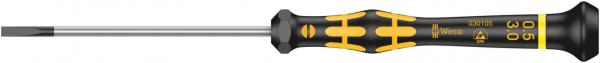 The image shows a screwdriver with a black handle and yellow accents. The blade is thin and straight. The handle has an ergonomic shape for a better grip.