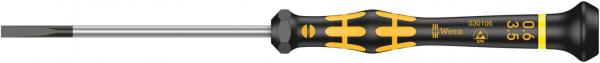 The image shows a screwdriver with a slim, long metal part and a handle-like, rubberized grip in black and yellow. The handle has an ergonomic shape for better grip.