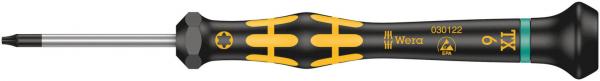 The image shows a screwdriver with a black, non-slip handle that has yellow accents. The blade is straight and narrow, suitable for precise screws.
