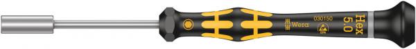 The image shows a screwdriver with a long, narrow metal head and a non-slip handle in black and yellow. The handle has a textured surface for better grip.