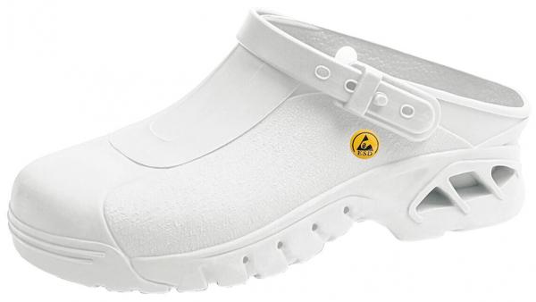Das Bild zeigt einen weißen Clog aus leichtem Material. Er hat eine offene Ferse, einen verstellbaren Riemen und eine rutschfeste Sohle mit Luftöffnungen an den Seiten.