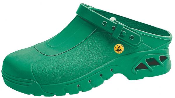 Das Bild zeigt einen grünen Clog-Schuh aus Kunststoff. Er hat eine geschlossene Vorderseite, einen verstellbaren Riemen an der Ferse und Lüftungsschlitze an den Seiten.