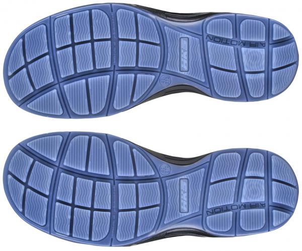 Das Bild zeigt die Unterseiten von Schuhen. Die Sohle ist hauptsächlich schwarz mit blauen Gummieinsätzen, die durch ein rautenförmiges Muster strukturiert sind.