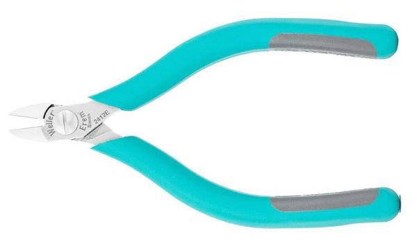 The image shows a pair of pliers with rubberized turquoise handles and a metallic head. The head is pointed and has a closed cutting edge, suitable for cutting fine materials.