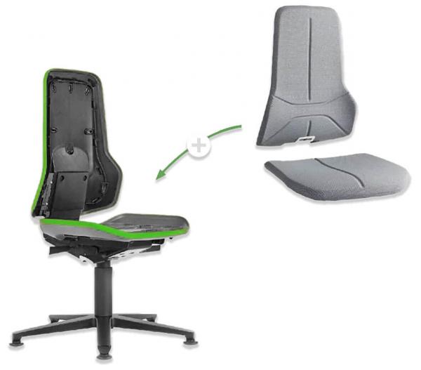 The image shows an office chair with a detachable backrest and seat cushion. The chair has a black base with green accents. The backrest and seat are gray.