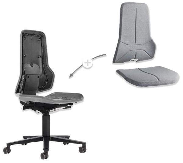 The image shows an office chair with a removable back and seat cushion in gray color. The chair has five casters and a sturdy, black base.
