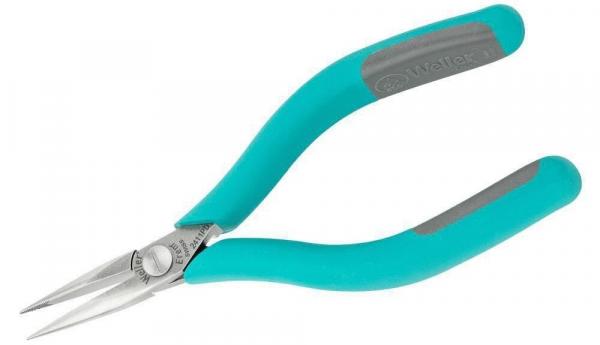 This is a pair of pointed pliers with long, narrow jaws. The handles are ergonomically designed and made of a turquoise, rubberized material. They are slip-resistant and comfortable.