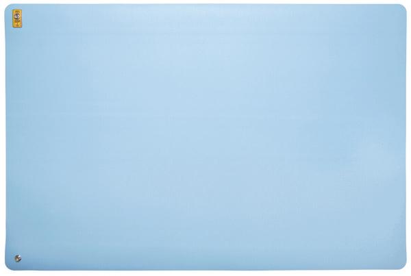 Das Bild zeigt eine einfarbige, rechteckige Fläche in hellem Blau. In einer Ecke befindet sich ein kleines, gelbes Logo. Die Oberfläche wirkt glatt und gleichmäßig.