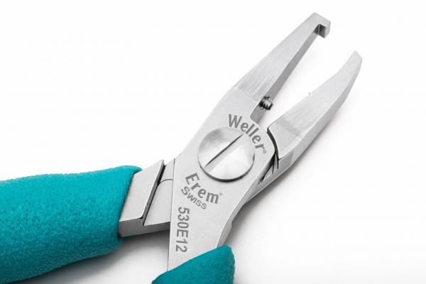 In the picture, there is a shiny pair of pliers with narrow, flat jaws. The handle is turquoise and has a non-slip coating. The pliers have a precise, fine tip.