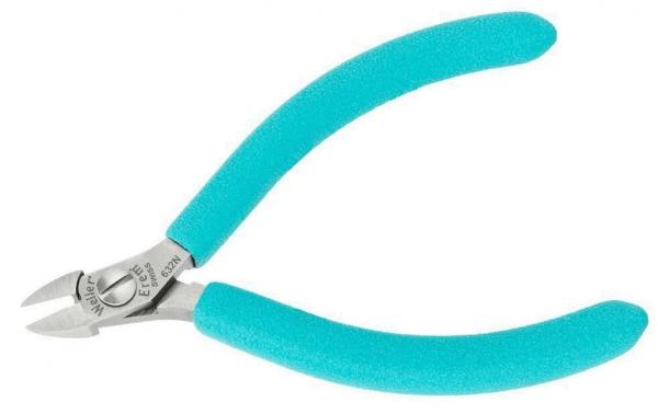 The image shows a pair of pliers with a silver head and turquoise, non-slip handles. The pliers have a sharp edge for cutting, suitable for delicate work.