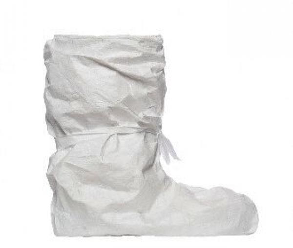 The image shows a tall, white boot made of paper-like material. It has a crinkled texture and is tied with a ribbon. The boot appears light and unconventional.