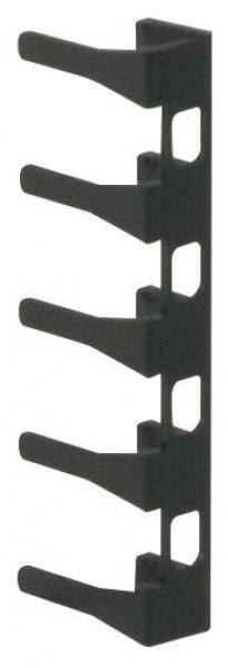 The image shows a narrow, vertical holder made of black plastic with five forward-facing hooks. The hooks are evenly distributed for hanging items.