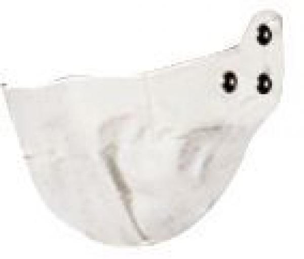 Das Bild zeigt eine weiße, halbkreisförmige Maske mit zwei schwarzen Knöpfen oben, die wie Augen wirken. Die Maske hat eine einfache, glatte Oberfläche.