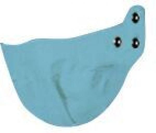 The image shows a turquoise, crescent-shaped form with three small black dots that act as press studs. The shape has a smooth surface and curved edges.