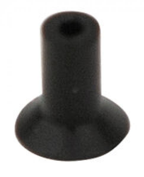 The image shows a small, black rubber connector. It has a cylindrical shape with a wider, flat base. The surface is smooth and shiny.