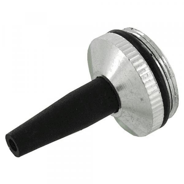 The image shows a small metal spout with a round, flat top and a thin tube pointing downwards. The spout has a black rubber seal.