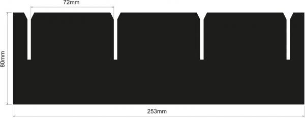 Das Bild zeigt eine schwarze, rechteckige Form mit waved-kanten. Es hat eine Höhe von 80 mm und eine Breite von 253 mm. Es sind drei Einkerbungen in gleichmäßigen Abständen vorhanden.