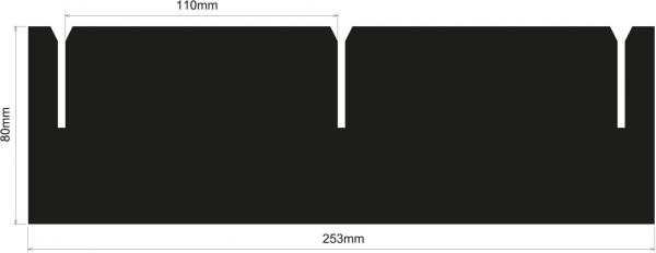 Das Bild zeigt eine schwarze, rechteckige Fläche mit Maßen: 253 mm breit und 80 mm hoch. An der oberen Kante sind zwei Einkerbungen mit einer Breite von 110 mm.