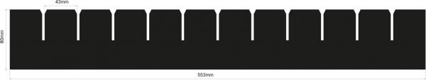 Das Bild zeigt eine lange, schmale, dunkelgraue Fläche mit mehreren gleichmäßig verteilten Ausschnitten. Oben und unten sind Bezeichnungen zu sehen, die möglicherweise "Close" und "Medium" anzeigen.