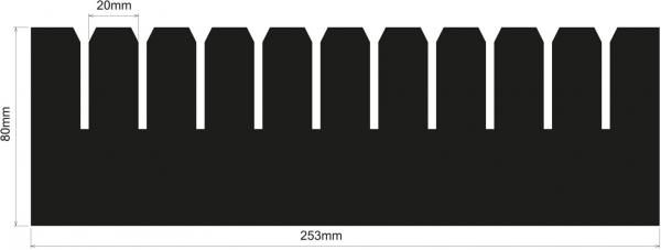 Das Bild zeigt eine schwarze Matrize mit mehreren Zacken. Sie ist 253 mm lang, 80 mm hoch und hat eine Zackenhöhe von 20 mm. Die Zacken sind gleichmäßig angeordnet.