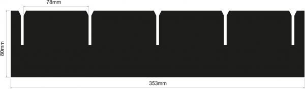 The image shows a black, rectangular shape with a height of 78 mm and a width of 369 mm. Along the top edge, there are five evenly distributed notches.