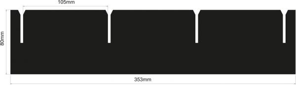 Das Bild zeigt eine schwarze, rechteckige Form mit drei gleichmäßigen Einkerbungen oben und Maßen: Höhe 80 mm, Breite 360 mm, Einkerbungen jeweils 105 mm.
