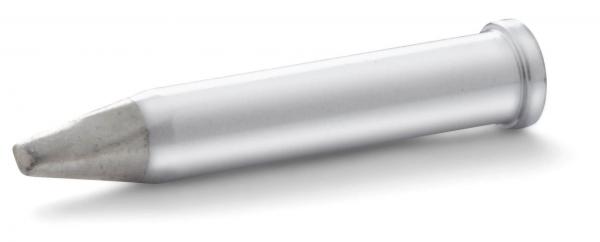 The image shows a metallic capsule with a pointed, gray tip. It has a cylindrical shape and is tilted on a white background. The surface is shiny.