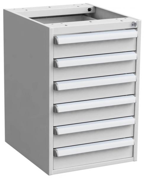 The cabinet is gray and rectangular with seven horizontal, flat drawer fronts. It has an open top and a clear, simple shape, ideal for storage.