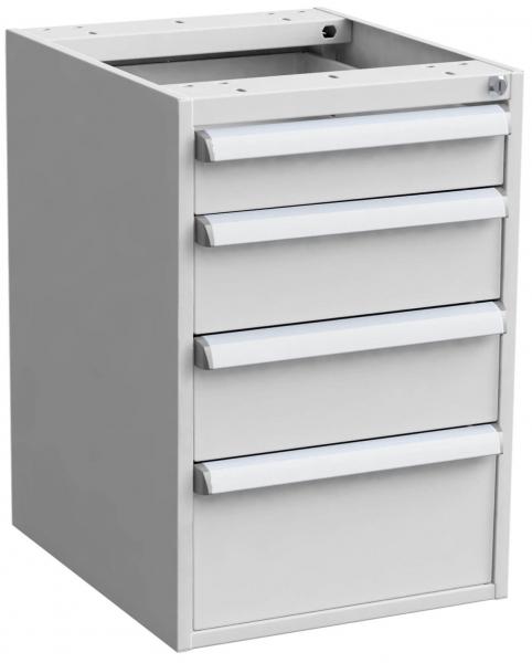 It is a gray drawer cabinet with four equally sized drawers and an open top area. The drawers have wide, silver handles.
